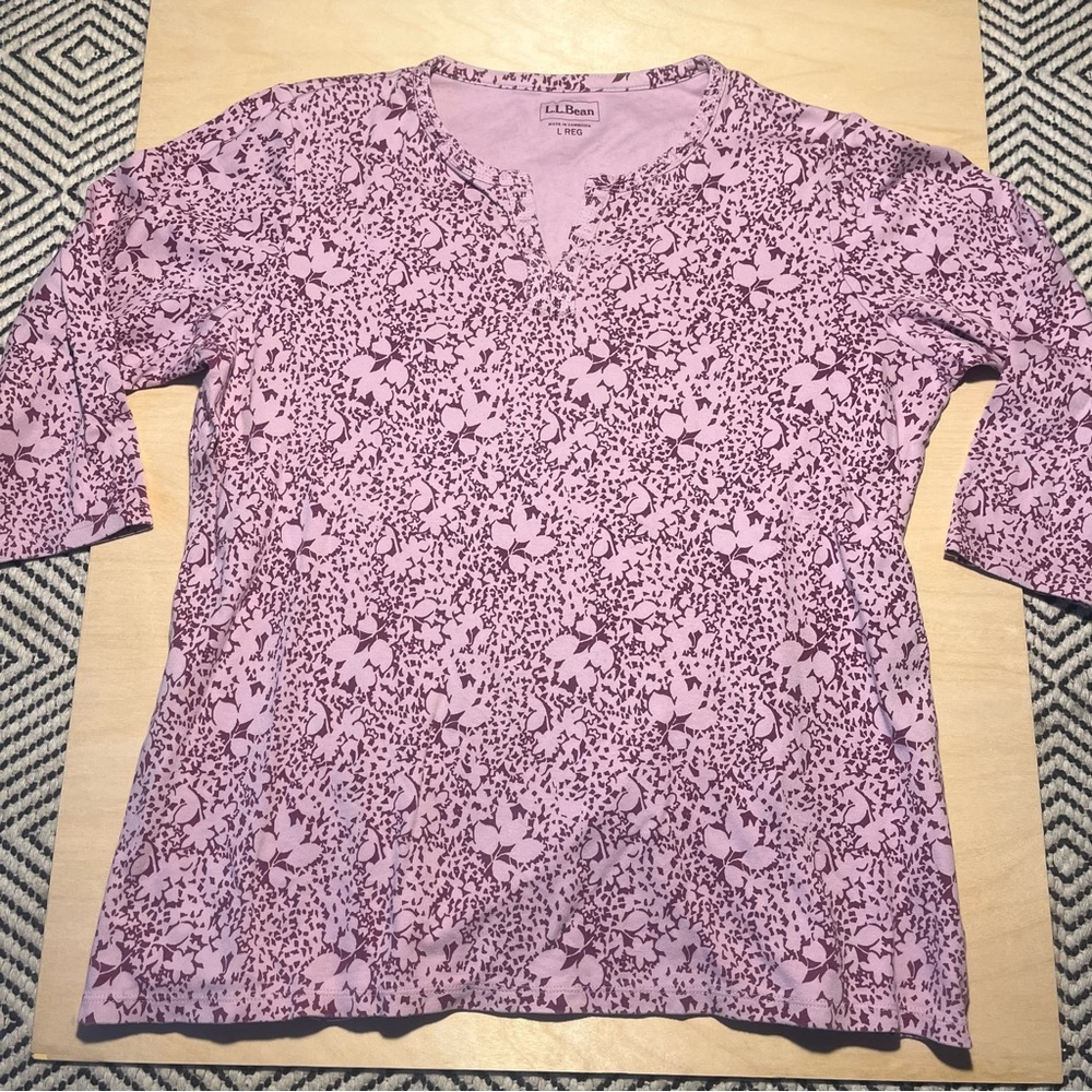 LL Bean 3/4 length sleeve 100% cotton pink and burgundy blouse casual